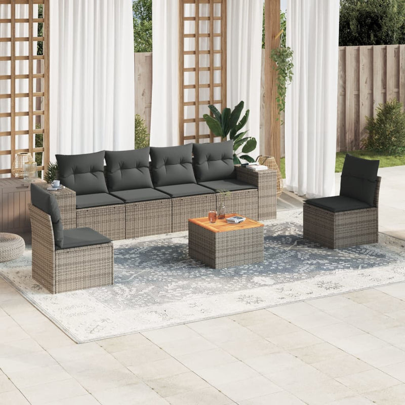 7 Piece Garden Sofa Set with Cushions Grey Poly Rattan