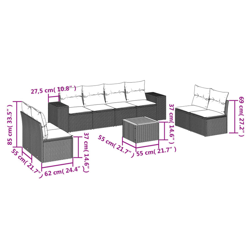 vidaXL 9 Piece Garden Sofa Set with Cushions Black Poly Rattan
