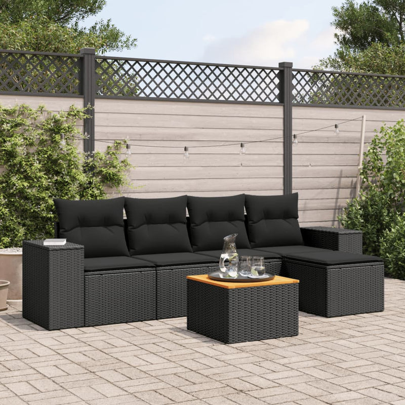 vidaXL 6 Piece Garden Sofa Set with Cushions Black Poly Rattan