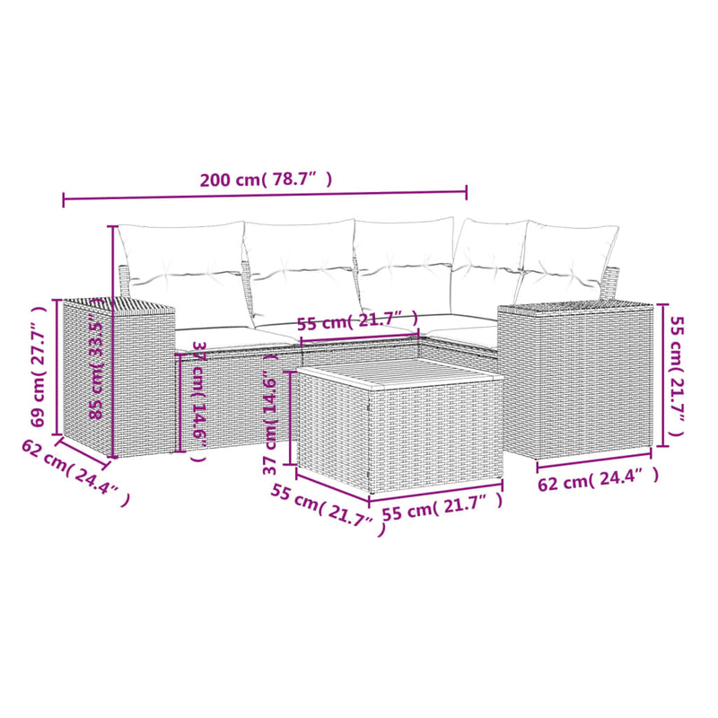 vidaXL 5 Piece Garden Sofa Set with Cushions Black Poly Rattan