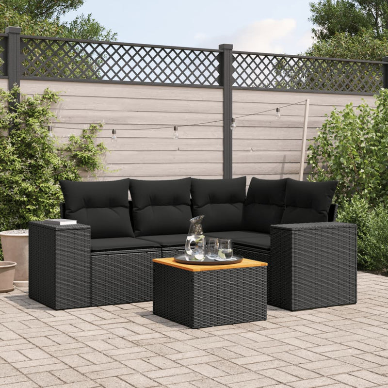 vidaXL 5 Piece Garden Sofa Set with Cushions Black Poly Rattan
