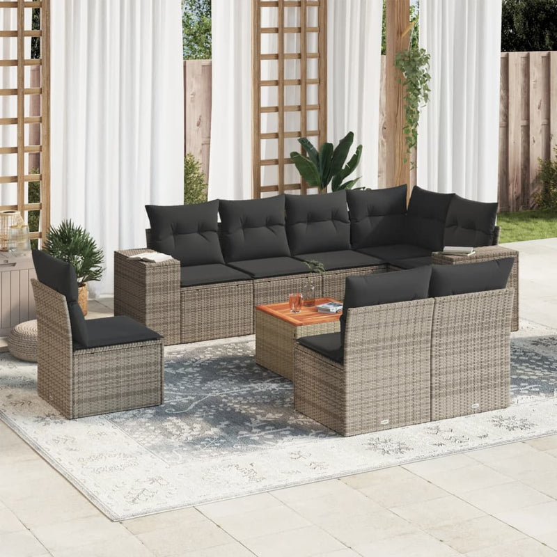 9 Piece Garden Sofa Set with Cushions Grey Poly Rattan