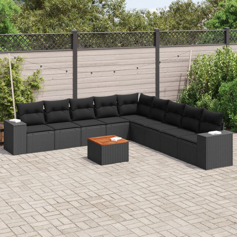 vidaXL 10 Piece Garden Sofa Set with Cushions Black Poly Rattan