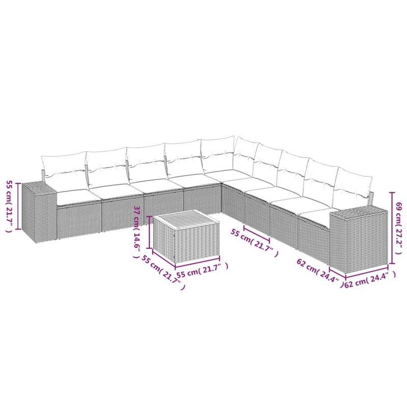 10 Piece Garden Sofa Set with Cushions Grey Poly Rattan