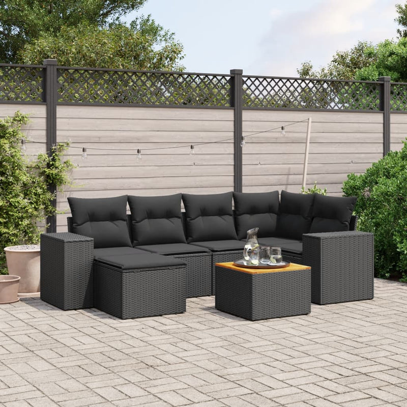 vidaXL 7 Piece Garden Sofa Set with Cushions Black Poly Rattan