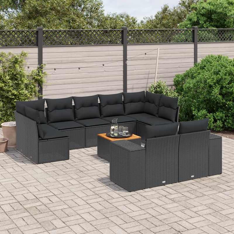 vidaXL 10 Piece Garden Sofa Set with Cushions Black Poly Rattan