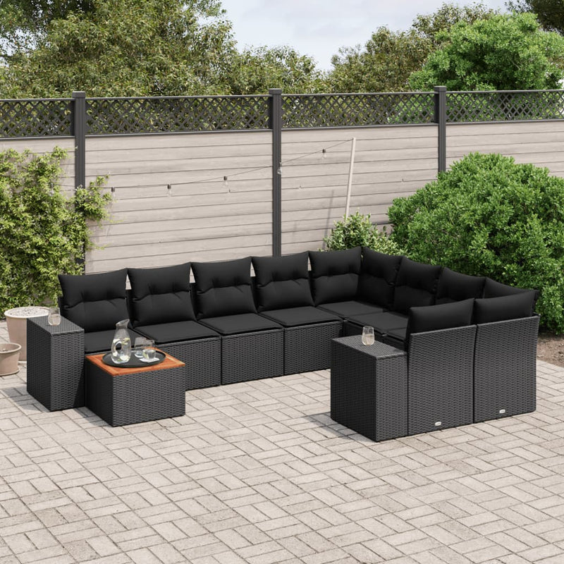 vidaXL 10 Piece Garden Sofa Set with Cushions Black Poly Rattan