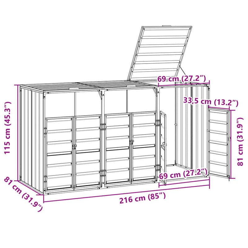 vidaXL Wheelie Bin Storage for Triple Bins Brown 216x81x115 cm Steel