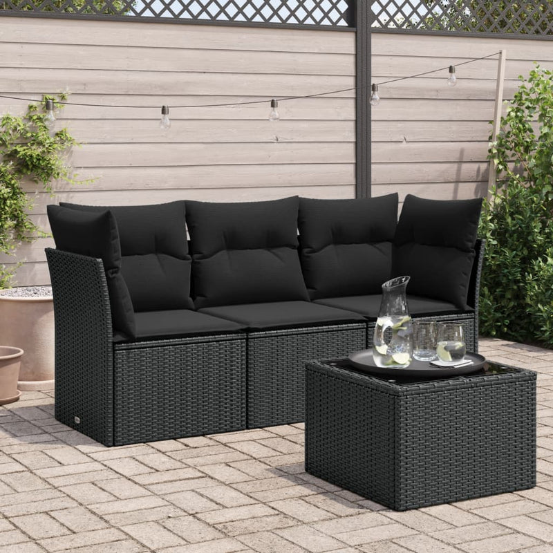 vidaXL 4 Piece Garden Sofa Set with Cushions Black Poly Rattan