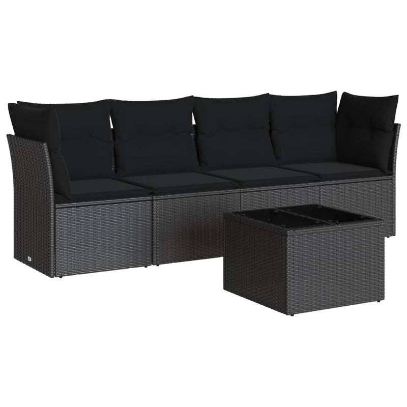 5 Piece Garden Sofa Set with Cushions Black Poly Rattan