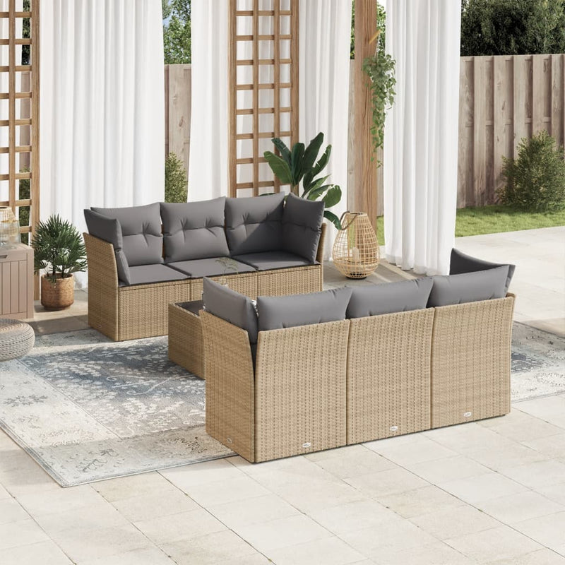 7 Piece Garden Sofa Set with Cushions Beige Poly Rattan