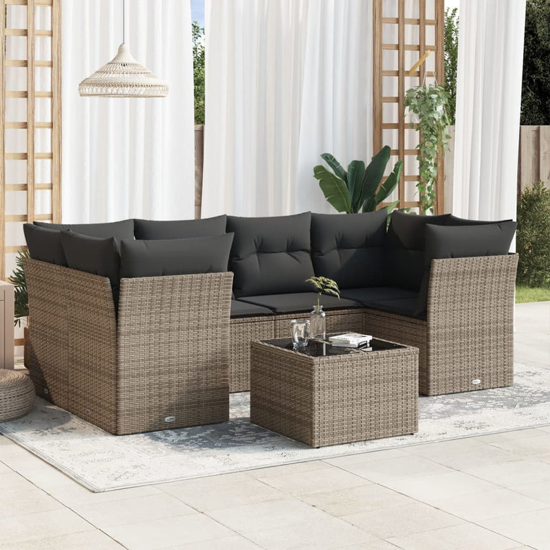 7 Piece Garden Sofa Set with Cushions Grey Poly Rattan