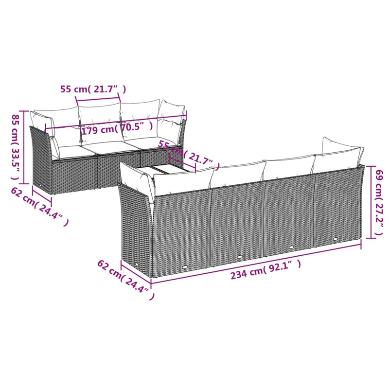 vidaXL 8 Piece Garden Sofa Set with Cushions Grey Poly Rattan