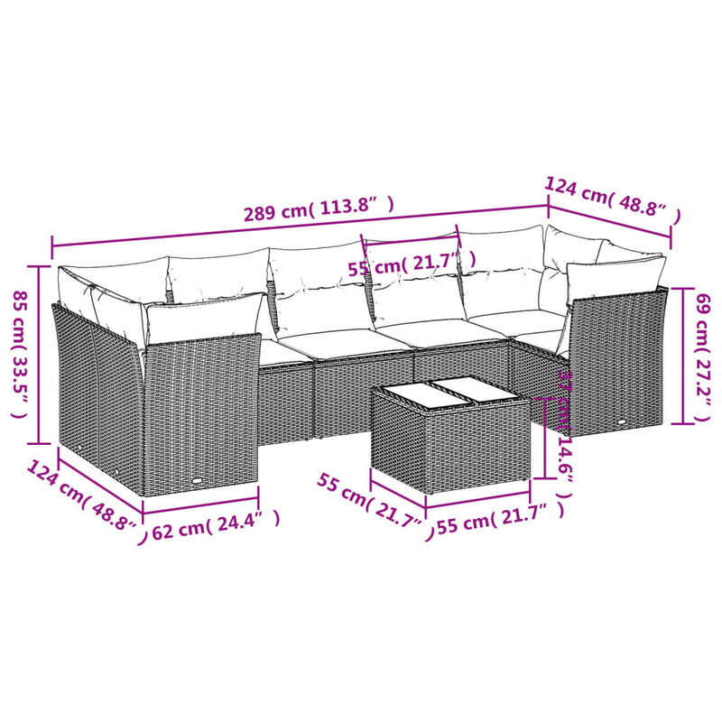 vidaXL 8 Piece Garden Sofa Set with Cushions Grey Poly Rattan