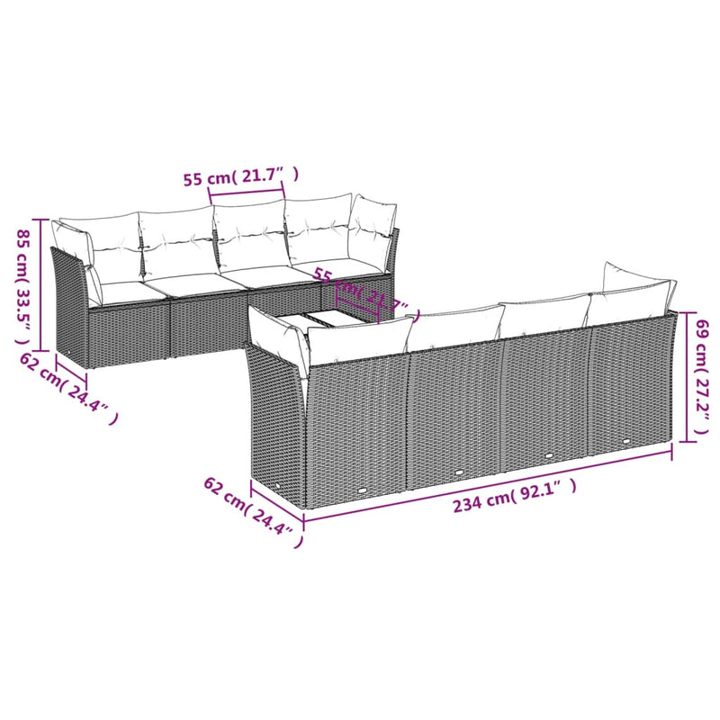 vidaXL 9 Piece Garden Sofa Set with Cushions Grey Poly Rattan