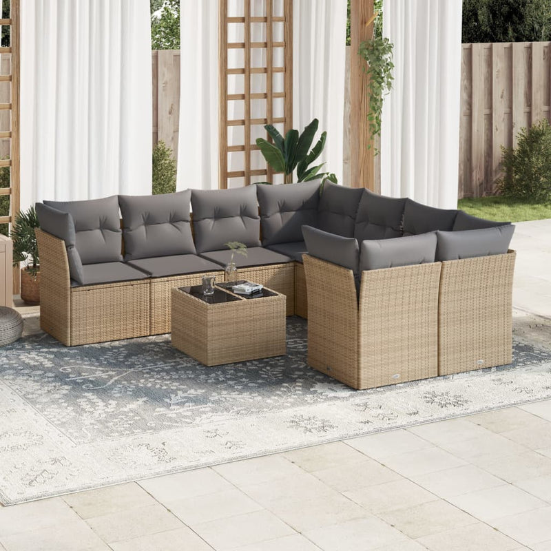 9 Piece Garden Sofa Set with Cushions Beige Poly Rattan