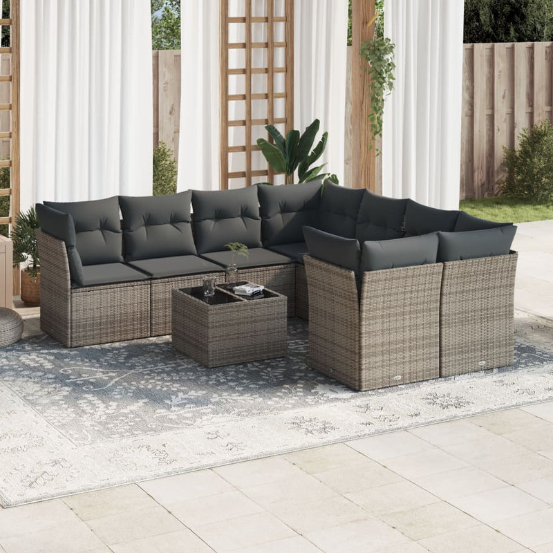 vidaXL 9 Piece Garden Sofa Set with Cushions Grey Poly Rattan
