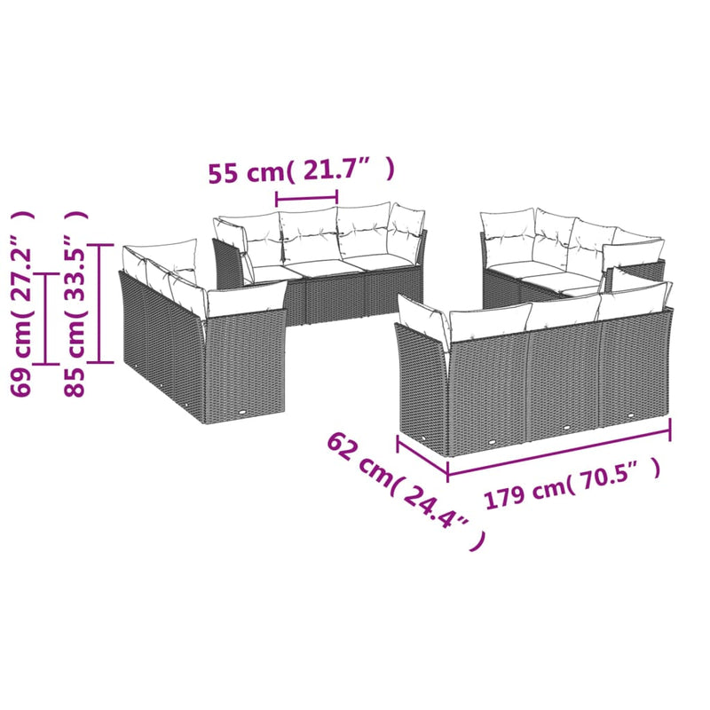 vidaXL 12 Piece Garden Sofa Set with Cushions Grey Poly Rattan