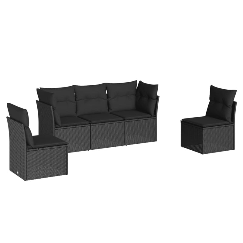 5 Piece Garden Sofa Set with Cushions Black Poly Rattan