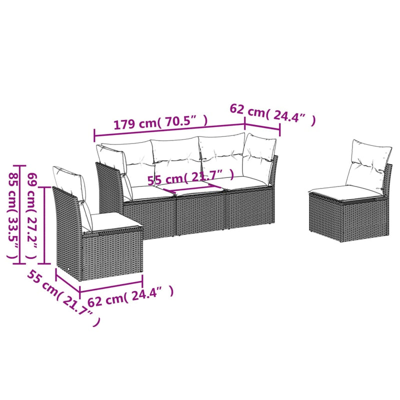 vidaXL 5 Piece Garden Sofa Set with Cushions Grey Poly Rattan