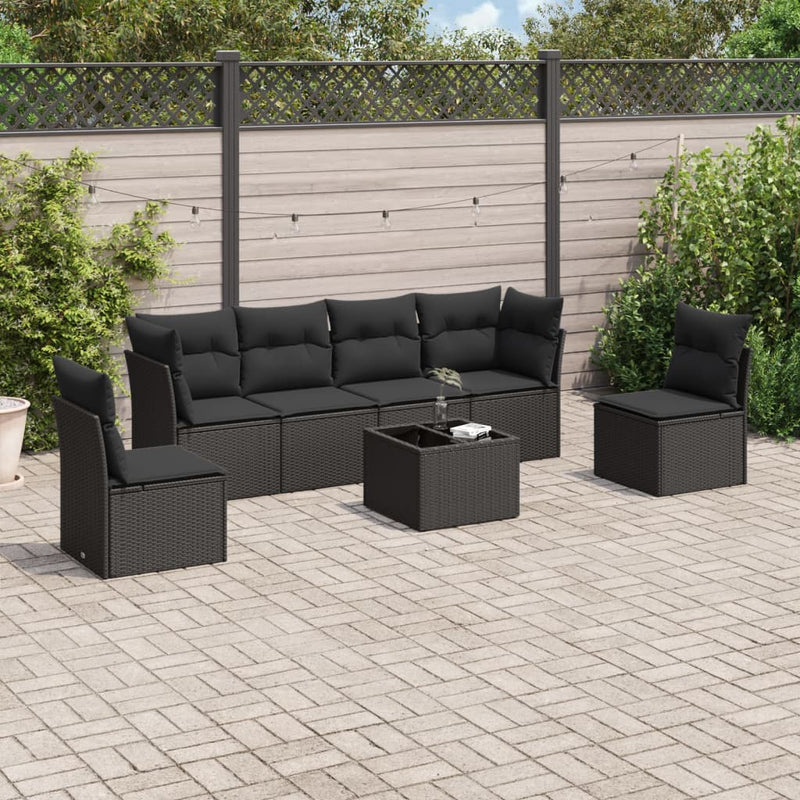 vidaXL 7 Piece Garden Sofa Set with Cushions Black Poly Rattan
