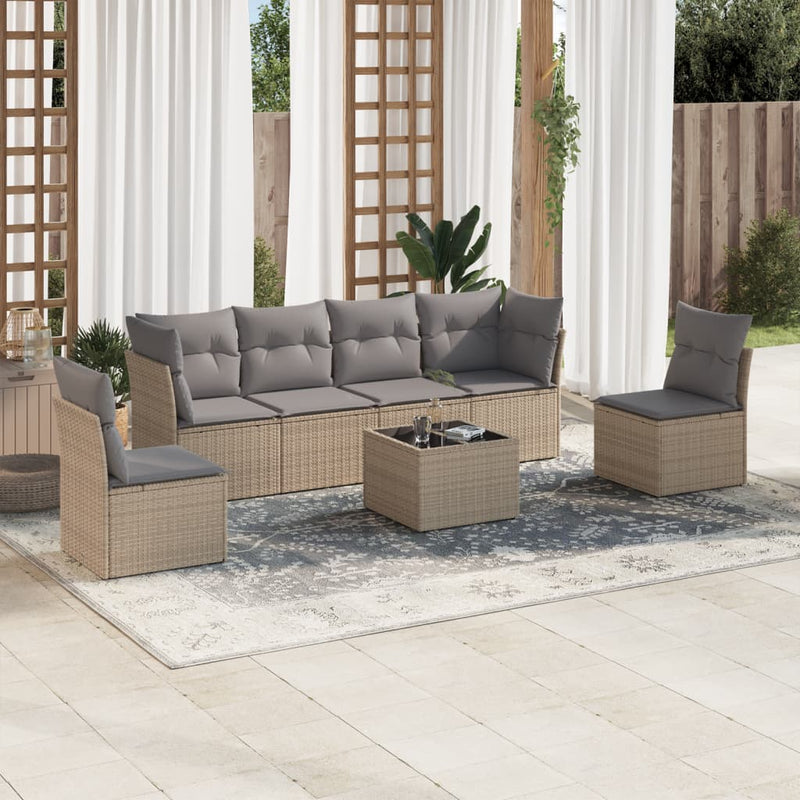 7 Piece Garden Sofa Set with Cushions Beige Poly Rattan