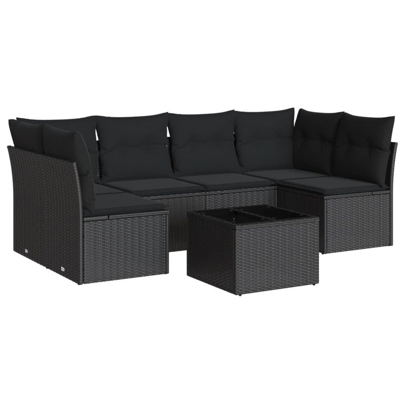 7 Piece Garden Sofa Set with Cushions Black Poly Rattan