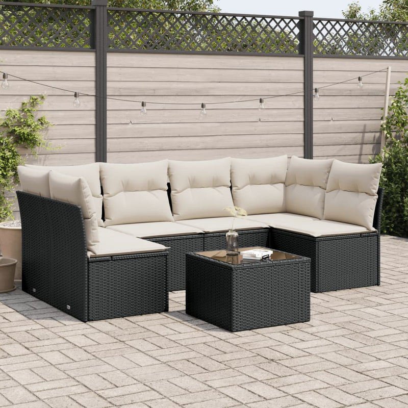 vidaXL 7 Piece Garden Sofa Set with Cushions Black Poly Rattan