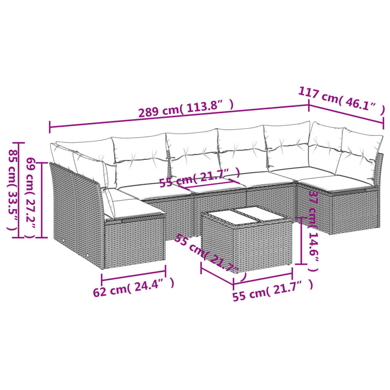 vidaXL 8 Piece Garden Sofa Set with Cushions Grey Poly Rattan