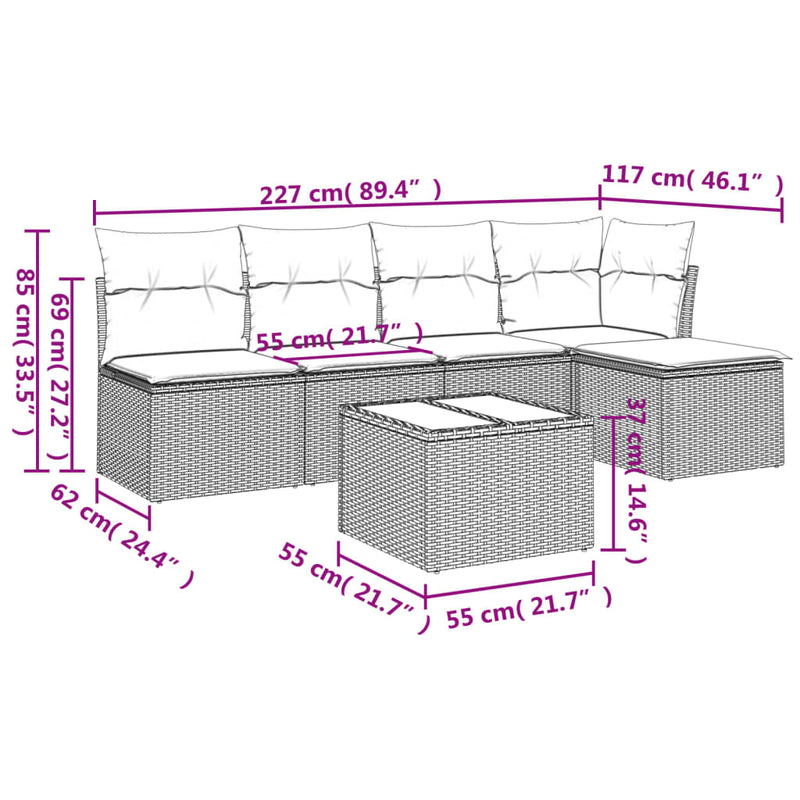 6 Piece Garden Sofa Set with Cushions Grey Poly Rattan