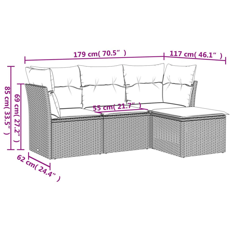 vidaXL 4 Piece Garden Sofa Set with Cushions Grey Poly Rattan