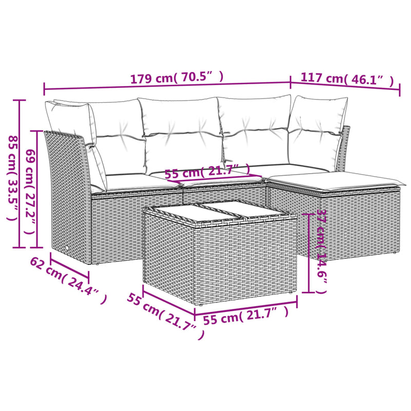 vidaXL 5 Piece Garden Sofa Set with Cushions Grey Poly Rattan