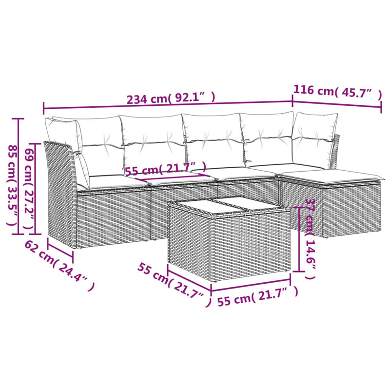 vidaXL 6 Piece Garden Sofa Set with Cushions Grey Poly Rattan