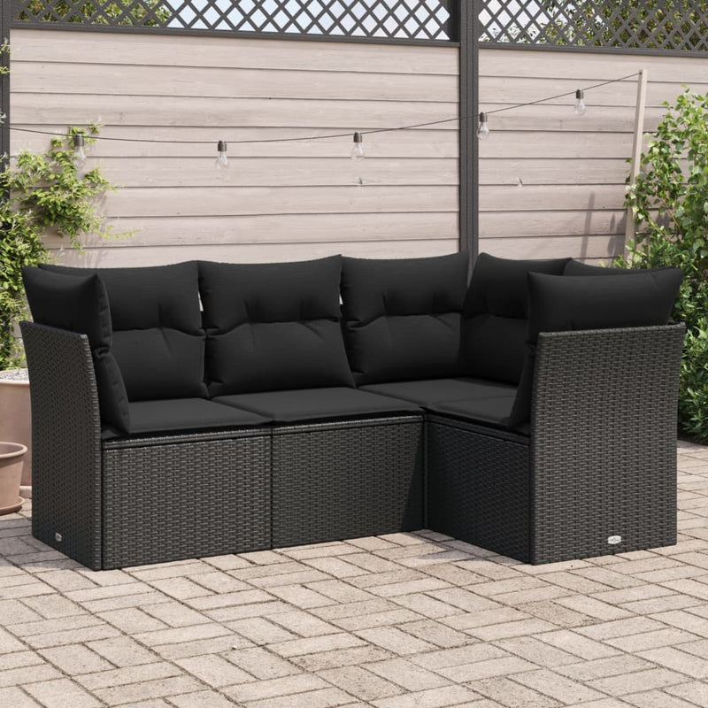 4 Piece Garden Sofa Set with Cushions Black Poly Rattan