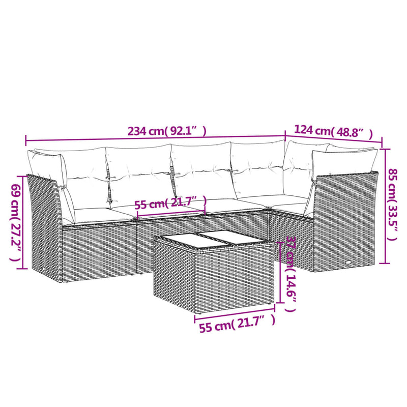 vidaXL 6 Piece Garden Sofa Set with Cushions Grey Poly Rattan