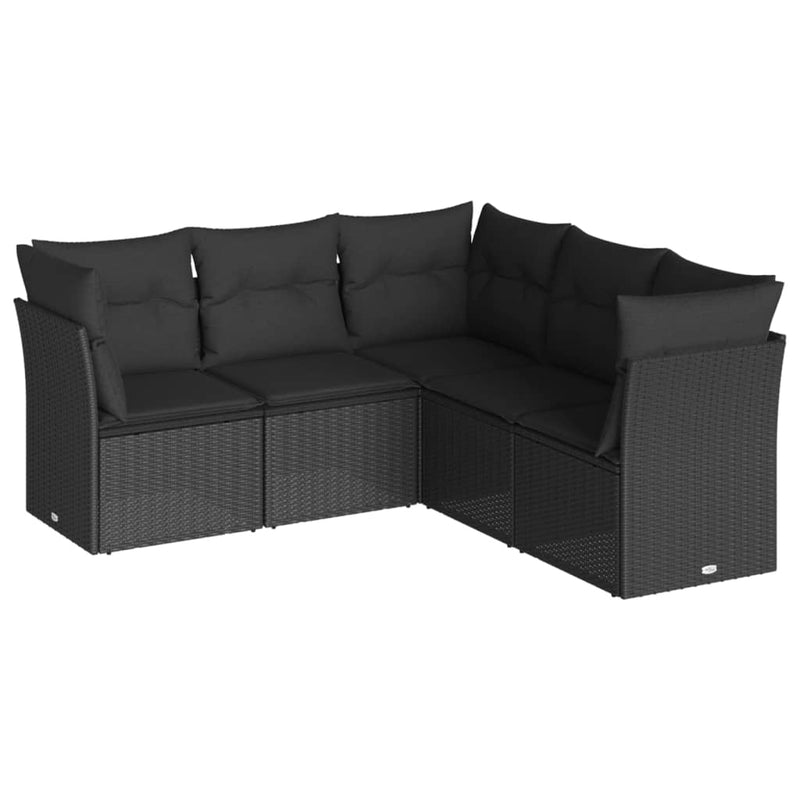 5 Piece Garden Sofa Set with Cushions Black Poly Rattan