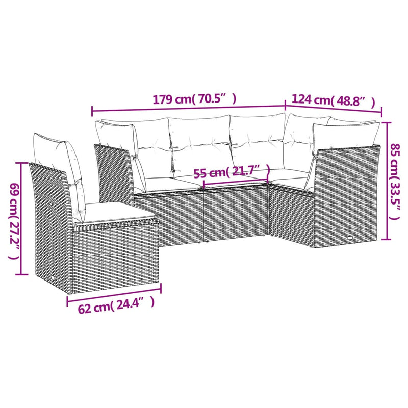 vidaXL 5 Piece Garden Sofa Set with Cushions Grey Poly Rattan