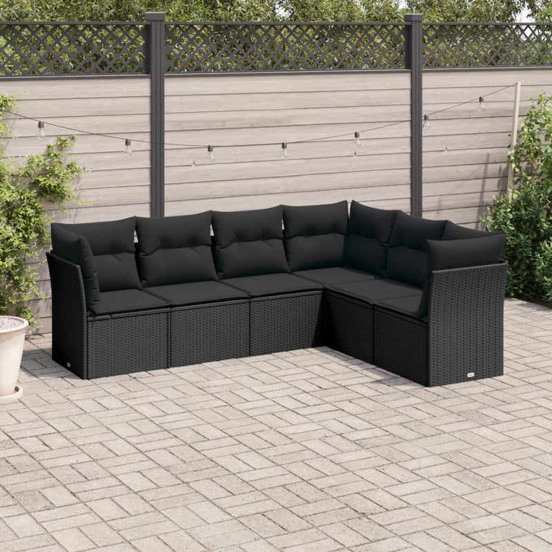 6 Piece Garden Sofa Set with Cushions Black Poly Rattan