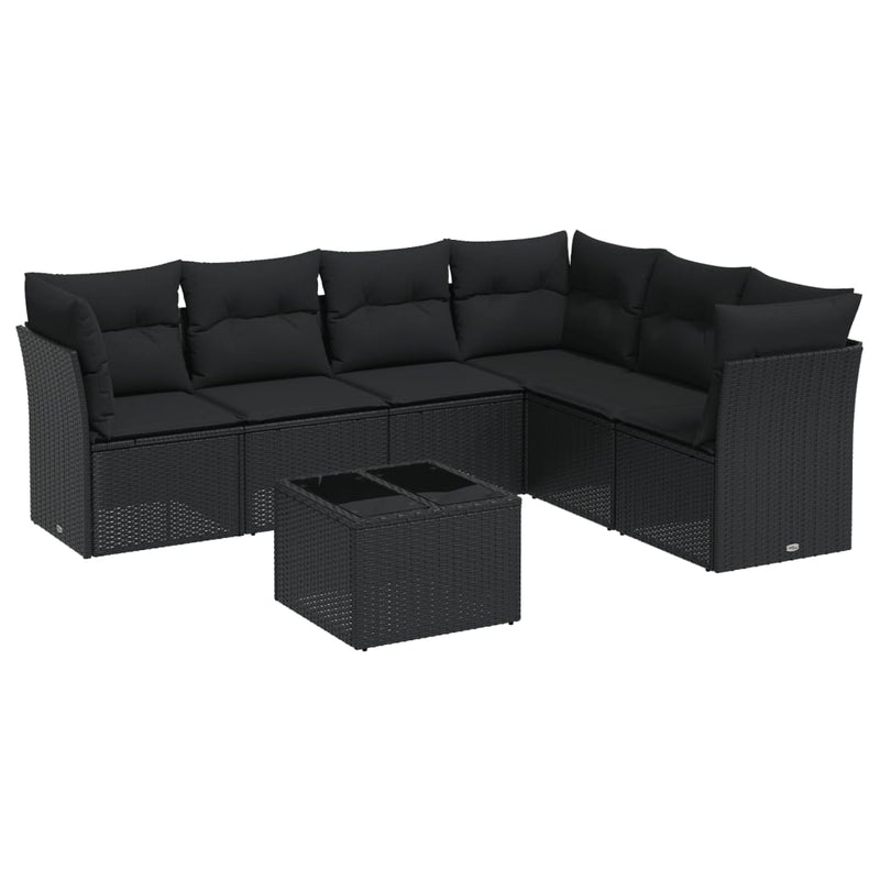 7 Piece Garden Sofa Set with Cushions Black Poly Rattan