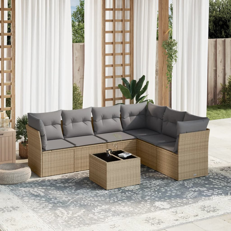 7 Piece Garden Sofa Set with Cushions Beige Poly Rattan