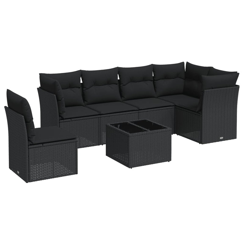 7 Piece Garden Sofa Set with Cushions Black Poly Rattan