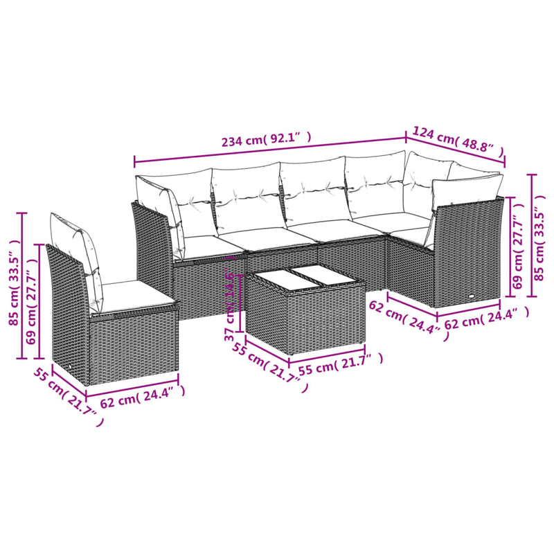 7 Piece Garden Sofa Set with Cushions Grey Poly Rattan