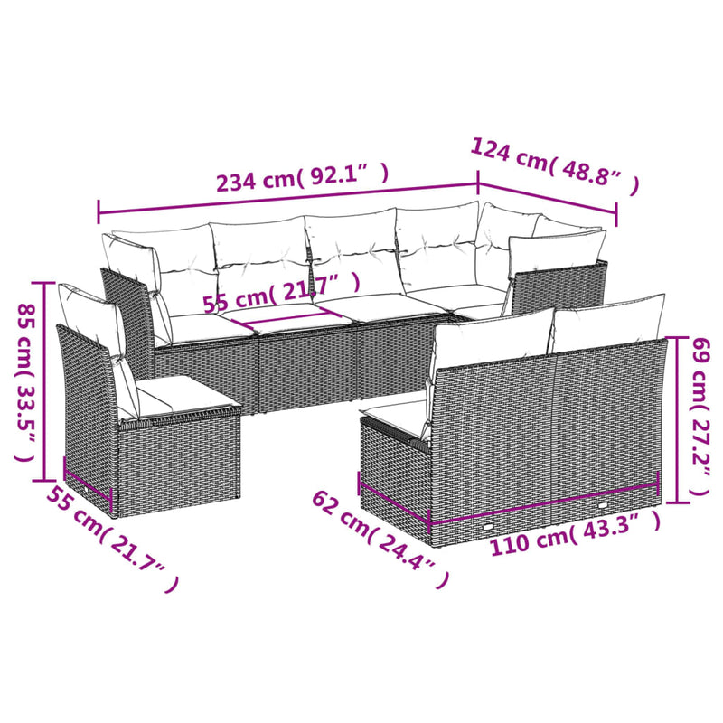 vidaXL 8 Piece Garden Sofa Set with Cushions Black Poly Rattan