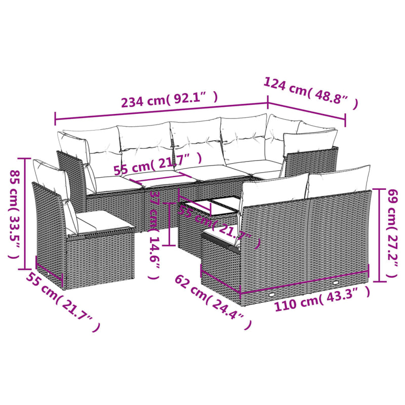 vidaXL 9 Piece Garden Sofa Set with Cushions Black Poly Rattan