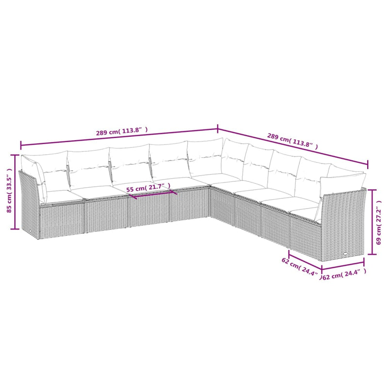 9 Piece Garden Sofa Set with Cushions Grey Poly Rattan