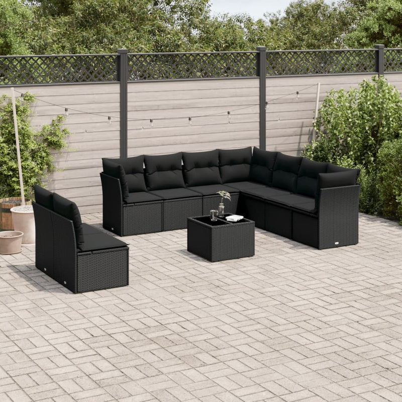 vidaXL 10 Piece Garden Sofa Set with Cushions Black Poly Rattan