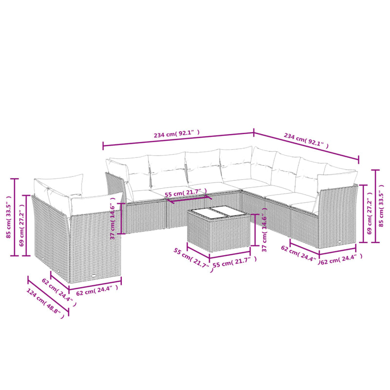 vidaXL 10 Piece Garden Sofa Set with Cushions Grey Poly Rattan