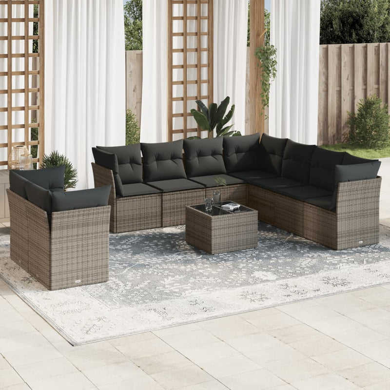vidaXL 10 Piece Garden Sofa Set with Cushions Grey Poly Rattan