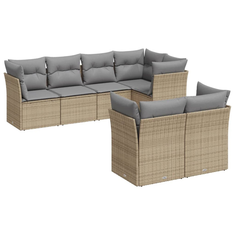 7 Piece Garden Sofa Set with Cushions Beige Poly Rattan