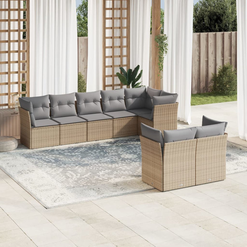 8 Piece Garden Sofa Set with Cushions Beige Poly Rattan